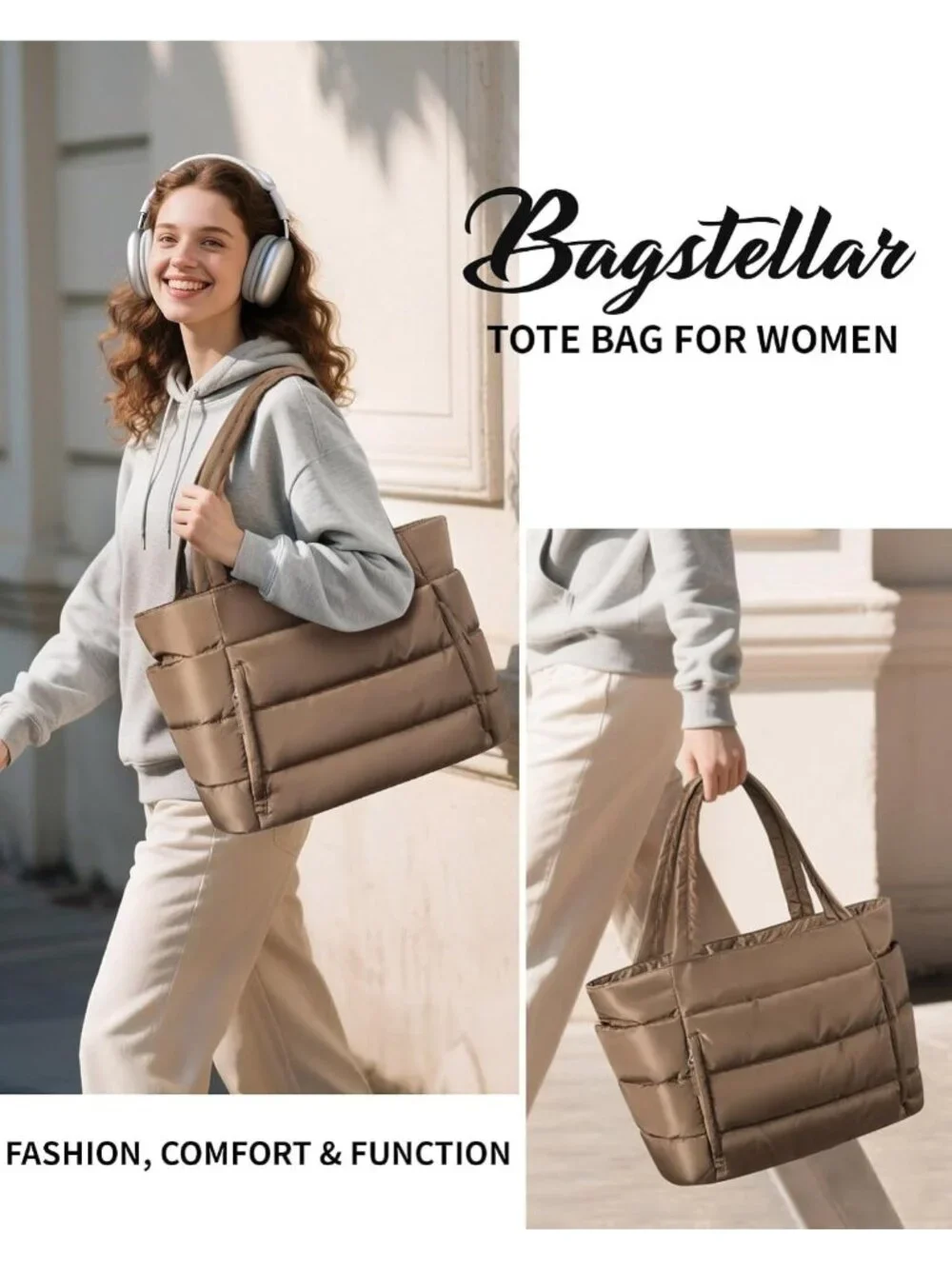 Lightweight Puffer Tote Bag for Women | Stylish Travel & Gym Work Bag